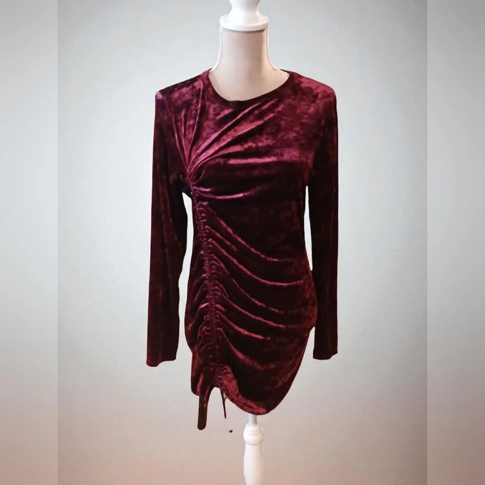 Crushed Velvet Ruched Drawstring Assymetric Stretch Dress Vamp Dark Romantic - Picture 1 of 11